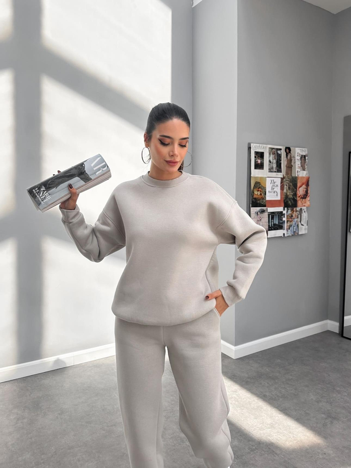 Açık Gri Basic Sweatshirt Takım