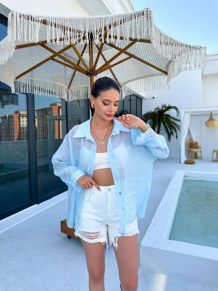Açık Mavi Oversize Silky Gömlek