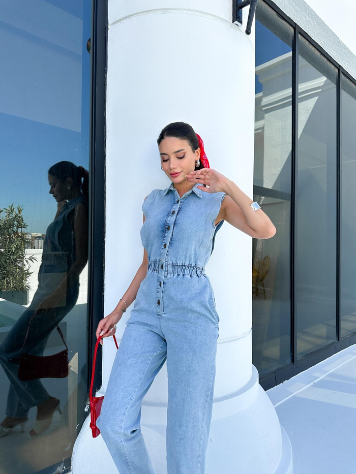 Açık Mavi Sıfır Kol Lastikli Denim Tulum