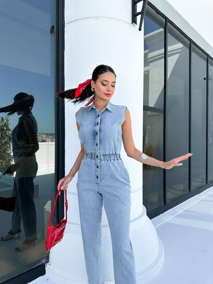 Açık Mavi Sıfır Kol Lastikli Denim Tulum