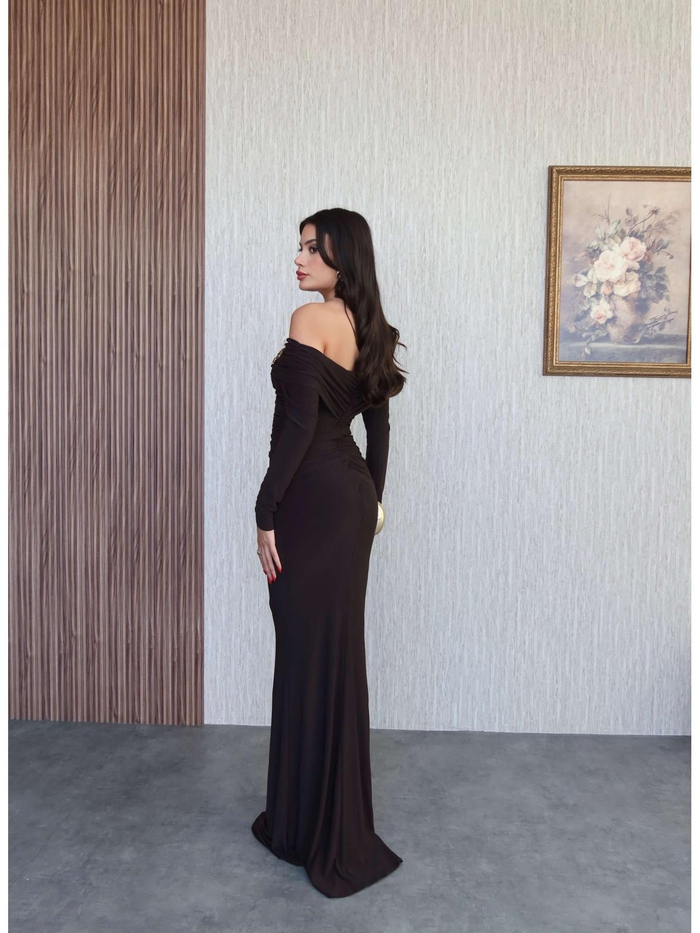 Açık Omuz Aksesuarlı Drape Maxi Elbise