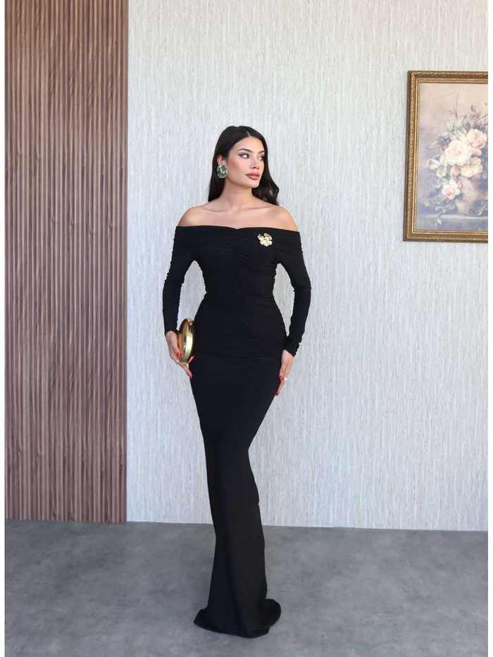 Açık Omuz Aksesuarlı Drape Maxi Elbise