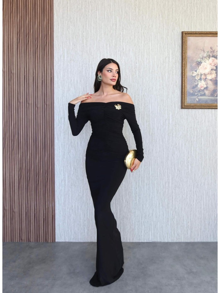 Açık Omuz Aksesuarlı Drape Maxi Elbise