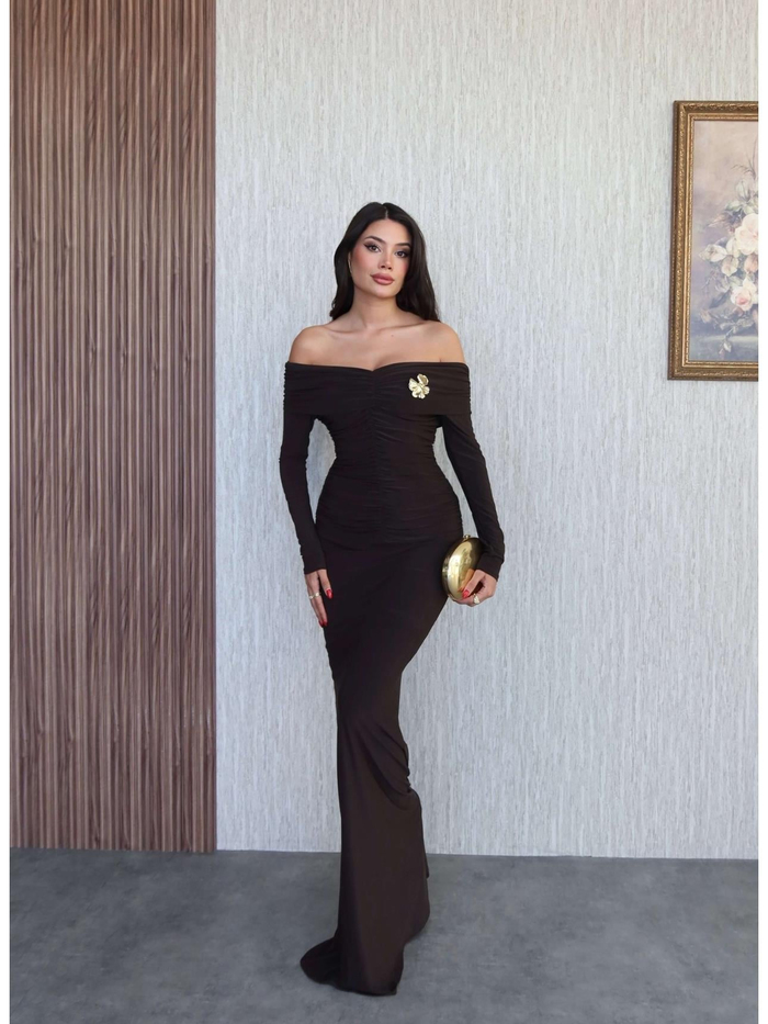 Açık Omuz Aksesuarlı Drape Maxi Elbise