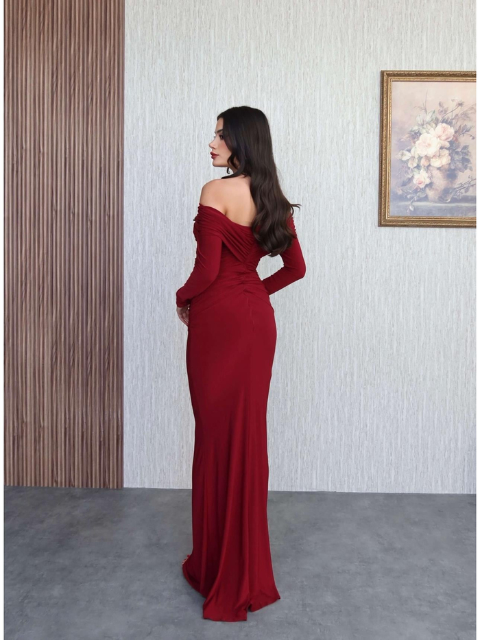 Açık Omuz Aksesuarlı Drape Maxi Elbise