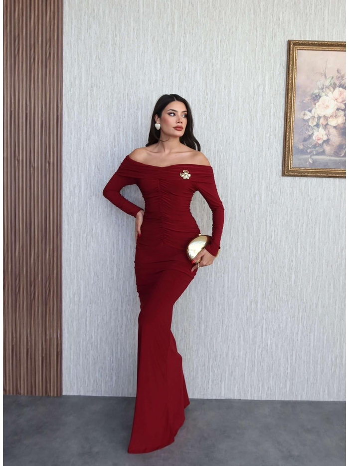 Açık Omuz Aksesuarlı Drape Maxi Elbise