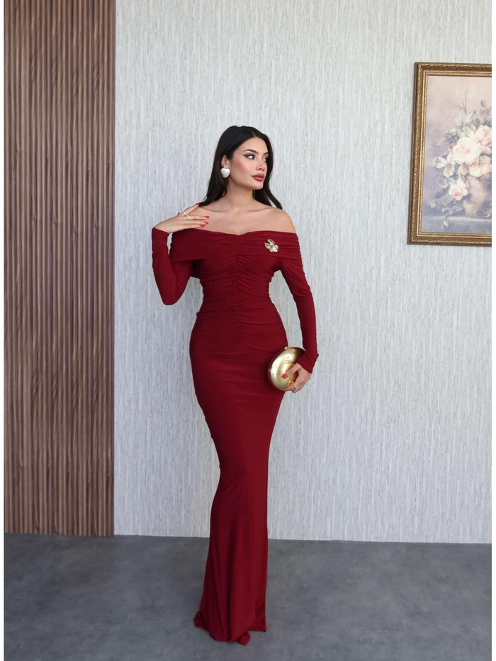 Açık Omuz Aksesuarlı Drape Maxi Elbise