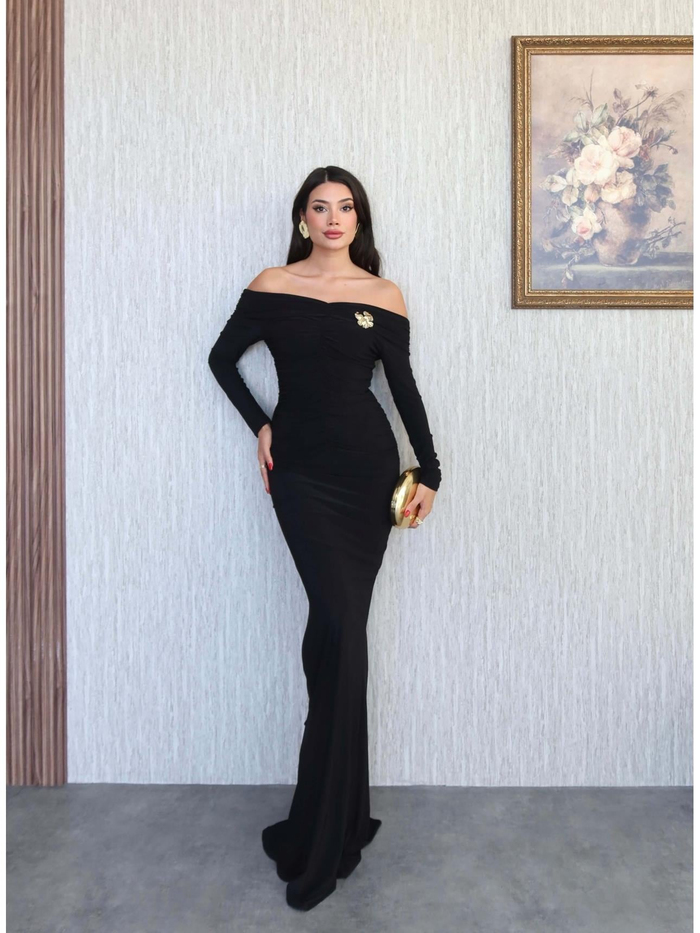 Açık Omuz Aksesuarlı Drape Maxi Elbise