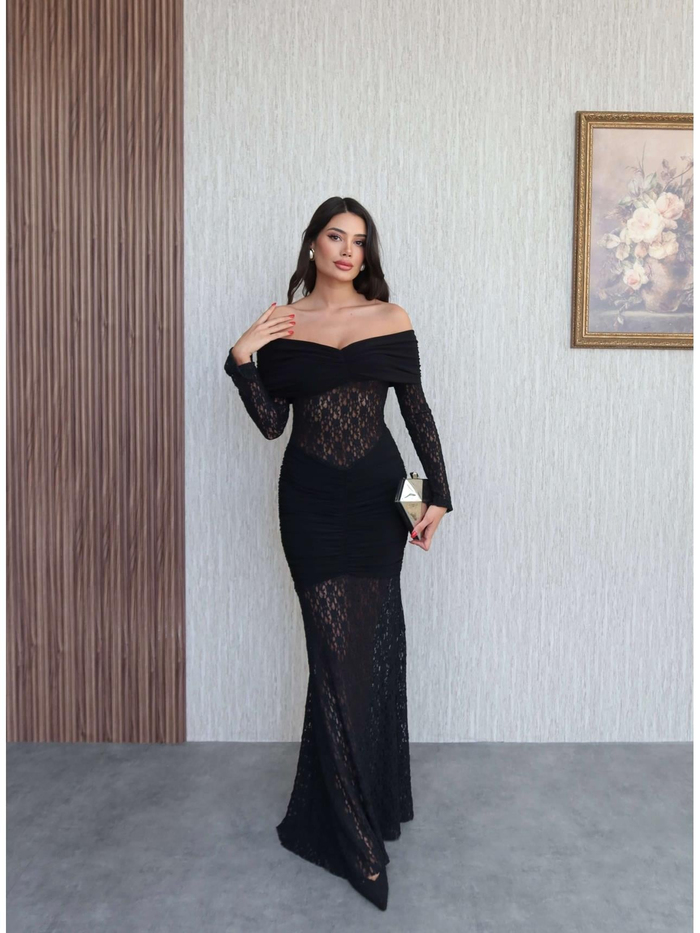 Açık Omuz Bel Drapeli Dantel Elbise