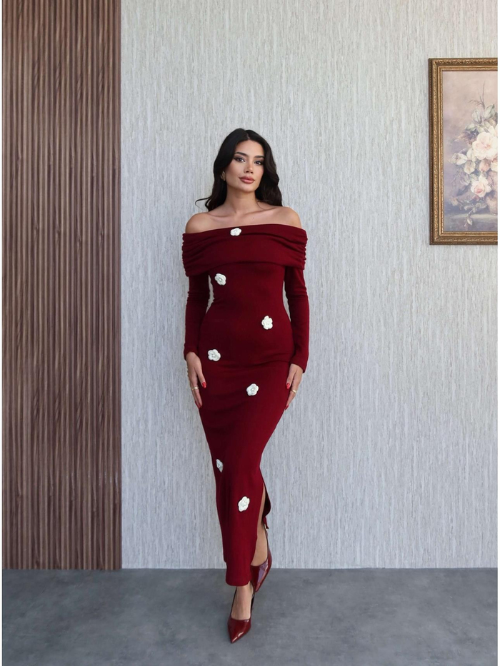 Açık Omuz Çiçek Örgülü Triko Elbise