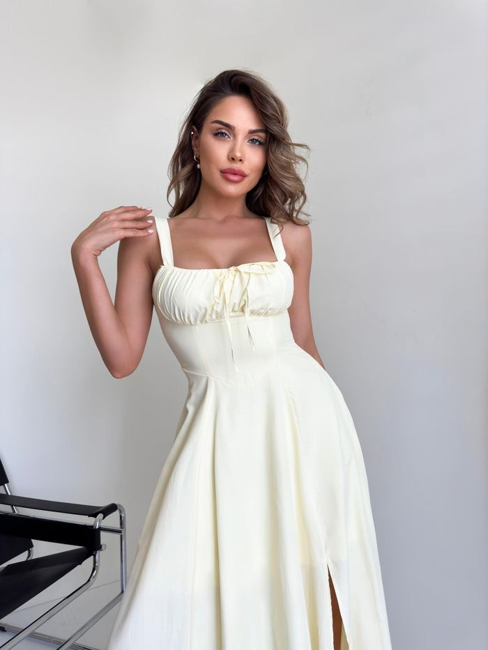 Açık Sarı Poplin Bağcıklı Elbise