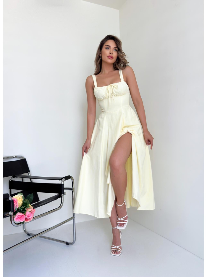 Açık Sarı Poplin Bağcıklı Elbise