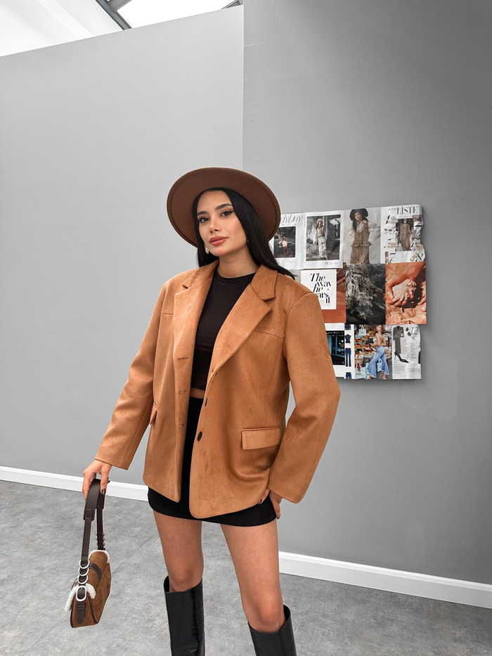 Açık Taba Oversize Süet Blazer Ceket
