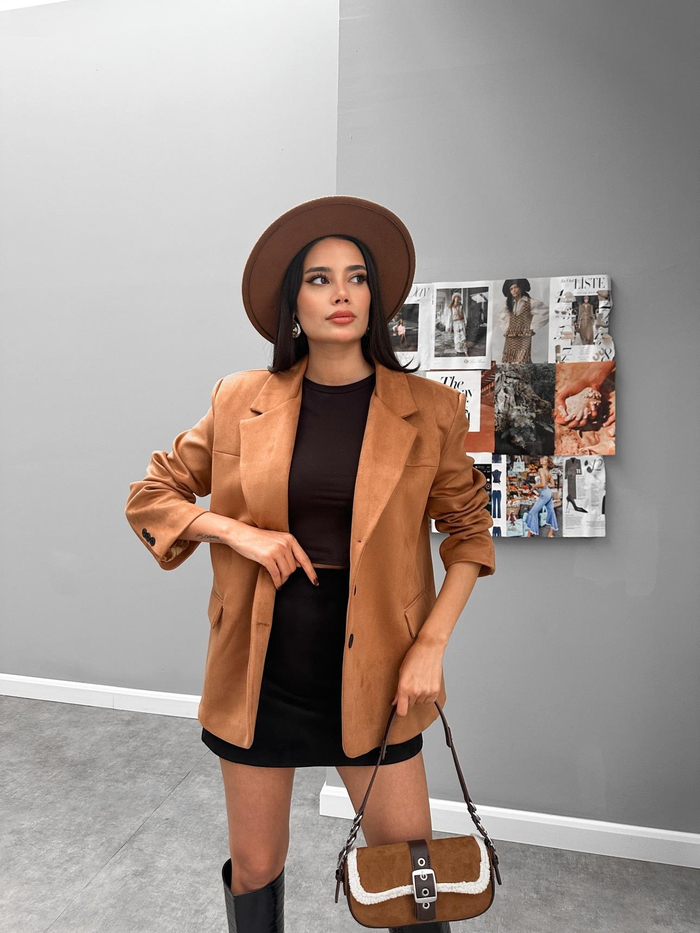 Açık Taba Oversize Süet Blazer Ceket
