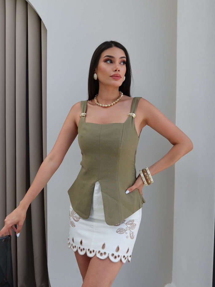 Aksesuar Askılı Keten Bluz