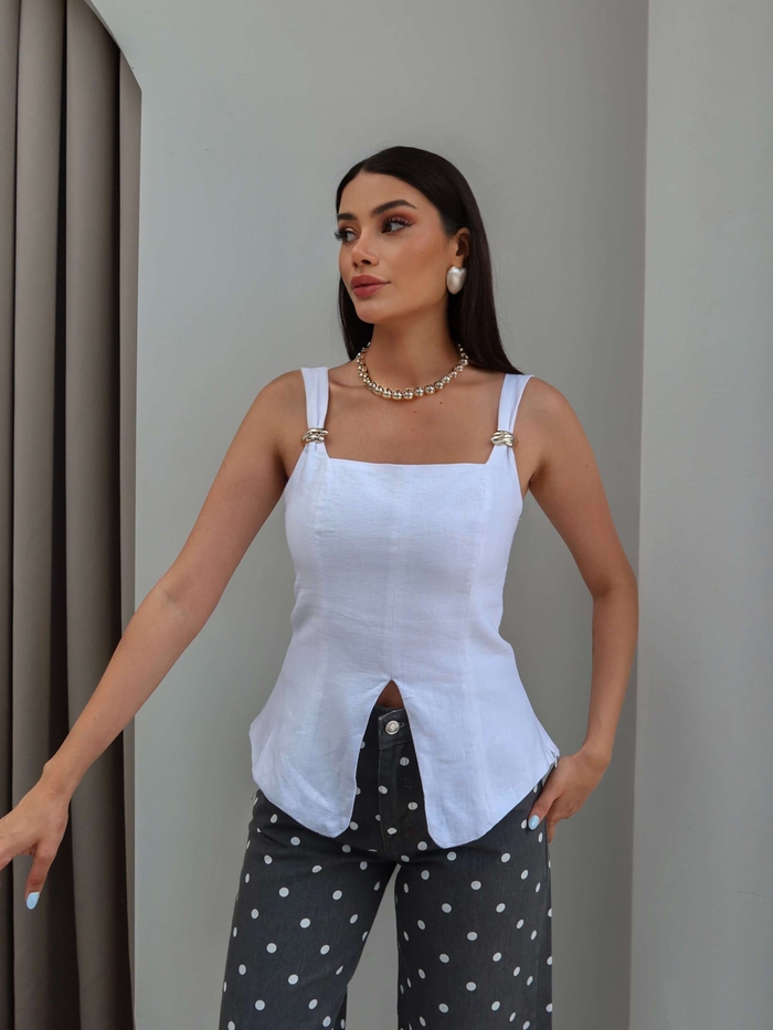 Aksesuar Askılı Keten Bluz