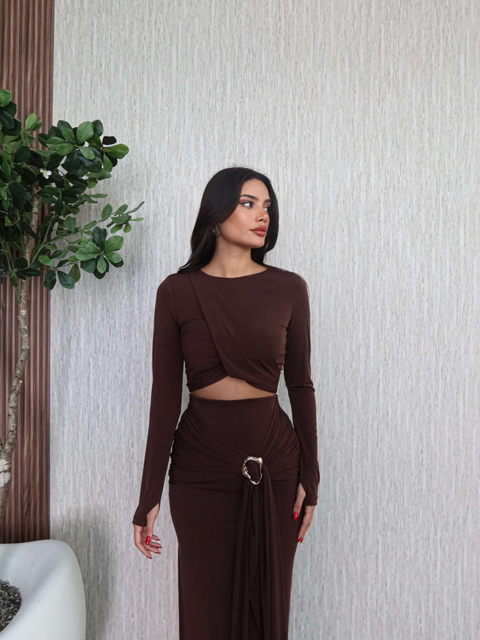 Aksesuar Bağlamalı Etekli Crop Takım
