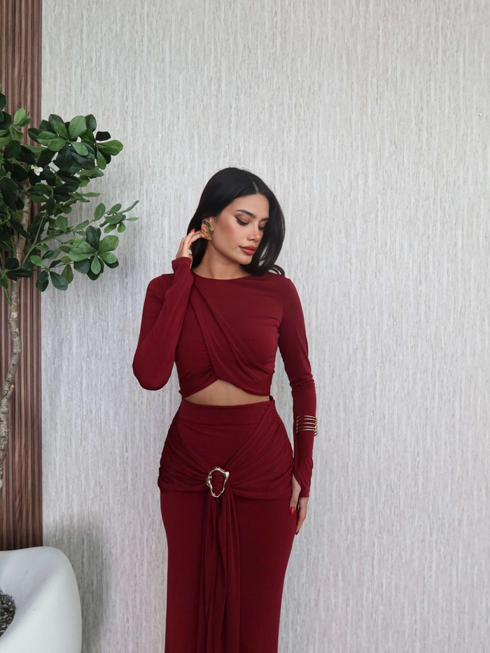 Aksesuar Bağlamalı Etekli Crop Takım