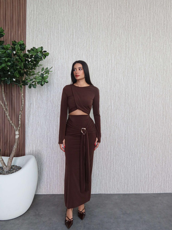 Aksesuar Bağlamalı Etekli Crop Takım