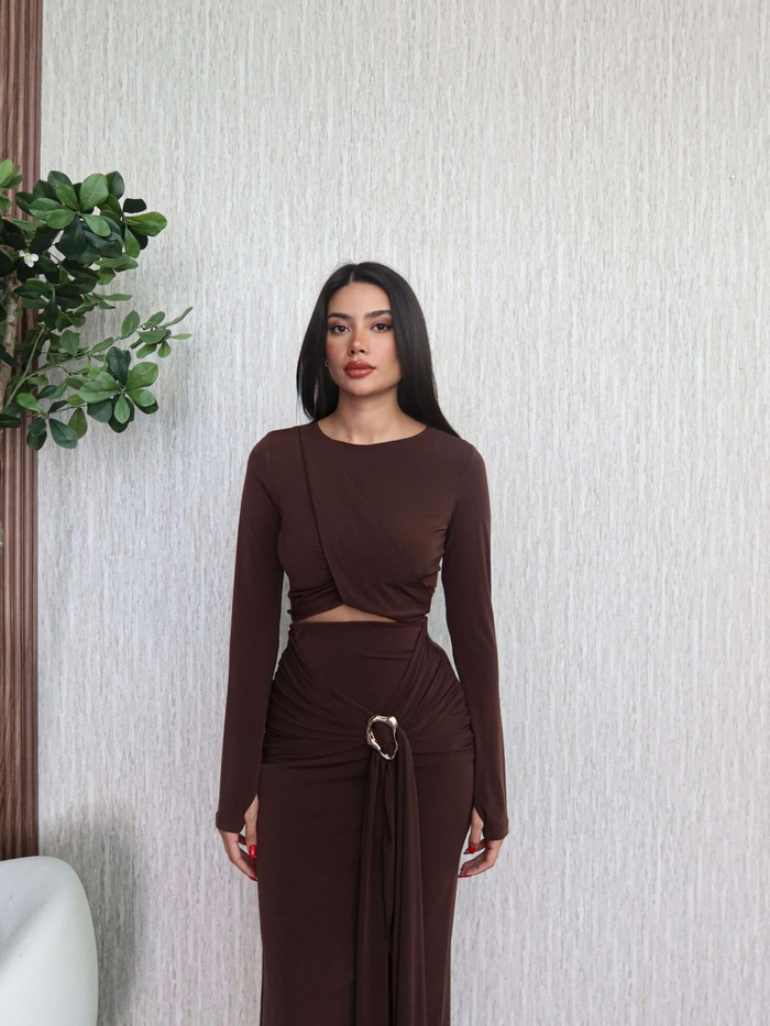 Aksesuar Bağlamalı Etekli Crop Takım