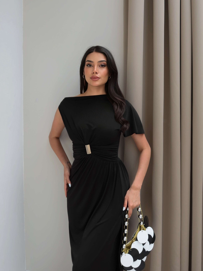 Aksesuarlı Tek Kol Asimetrik Elbise