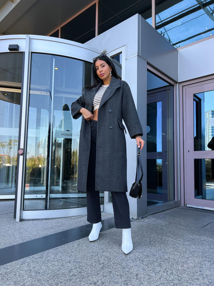 Antrasit Balıksırtı Oversize Kaban
