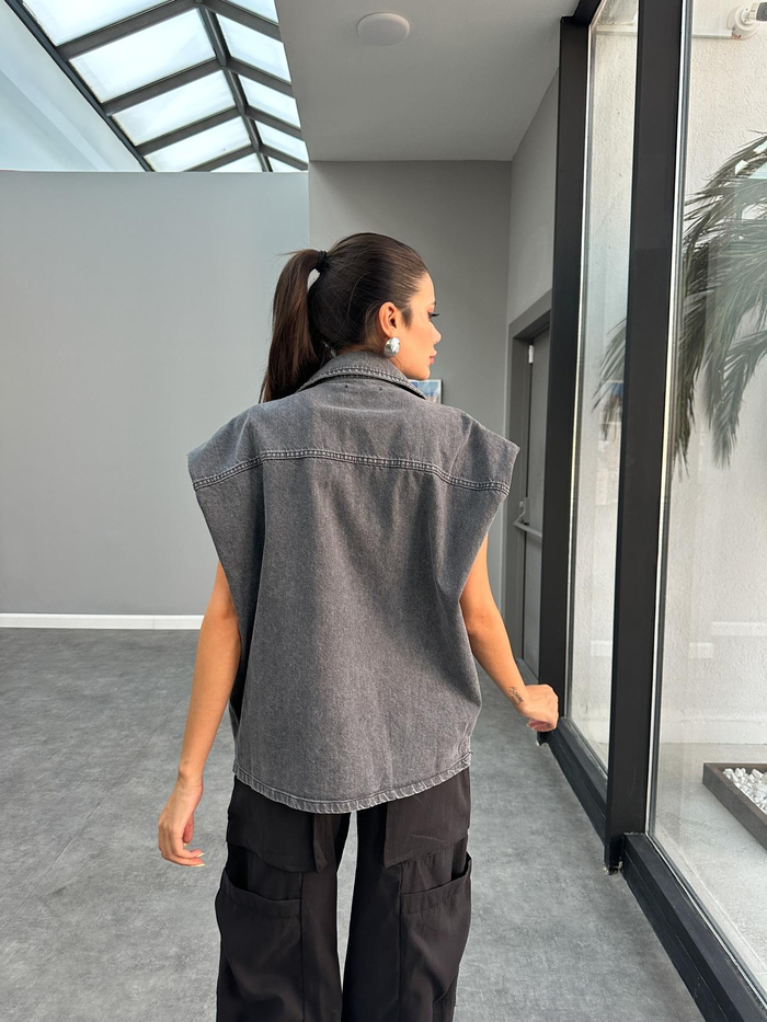 Antrasit Fermuarlı Vatkalı Denim Yelek