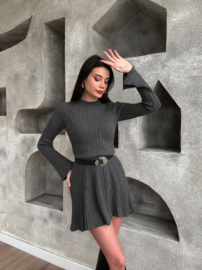 Antrasit Fitilli Mini Elbise