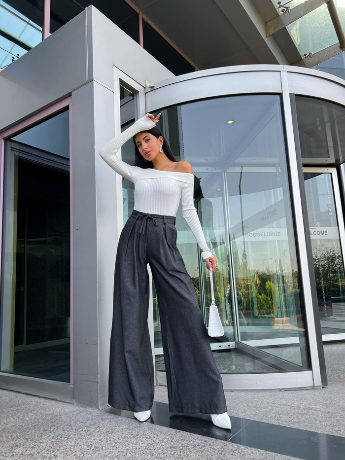 Antrasit Kaşe Pleated Pantolon