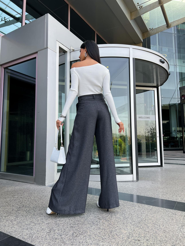 Antrasit Kaşe Pleated Pantolon