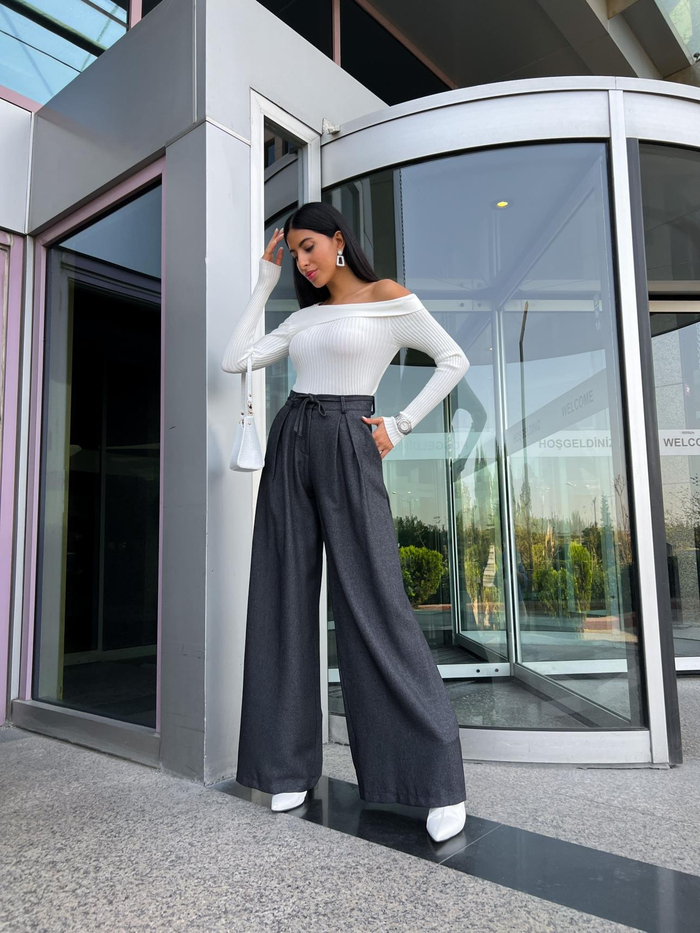 Antrasit Kaşe Pleated Pantolon