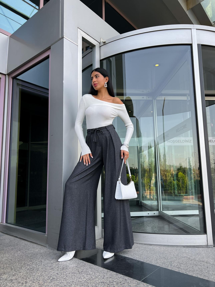 Antrasit Kaşe Pleated Pantolon