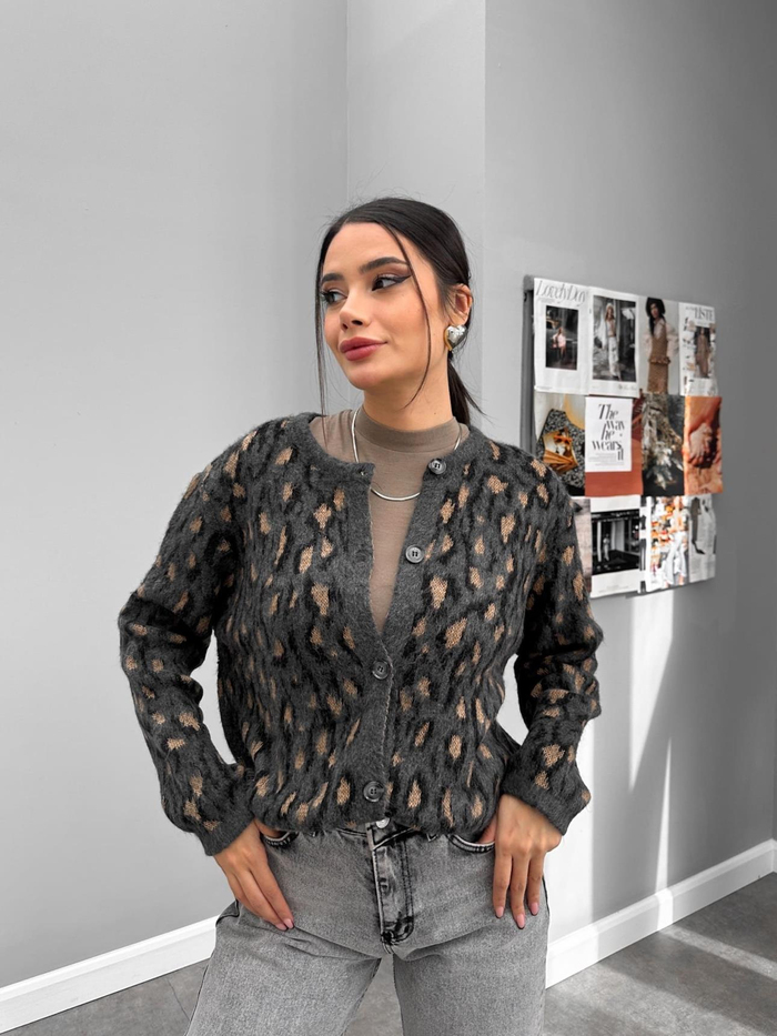 Antrasit Leo Desenli Oversize Hırka