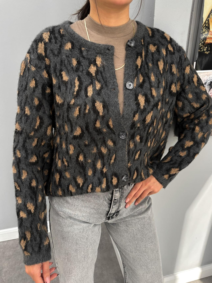 Antrasit Leo Desenli Oversize Hırka