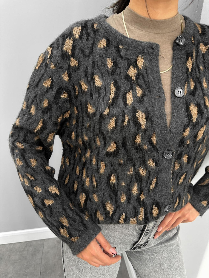Antrasit Leo Desenli Oversize Hırka