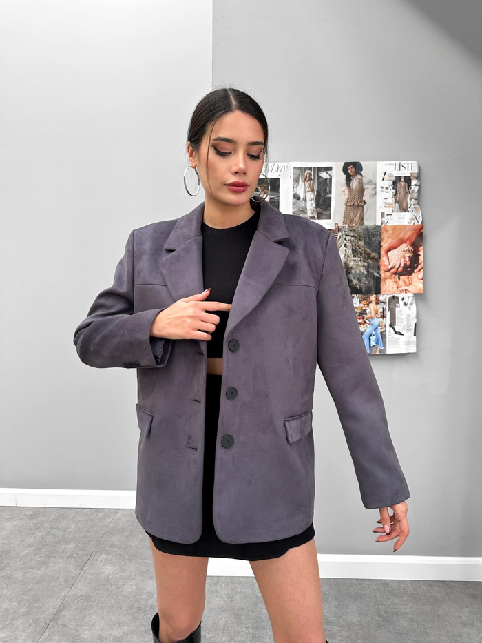 Antrasit Oversize Süet Blazer Ceket
