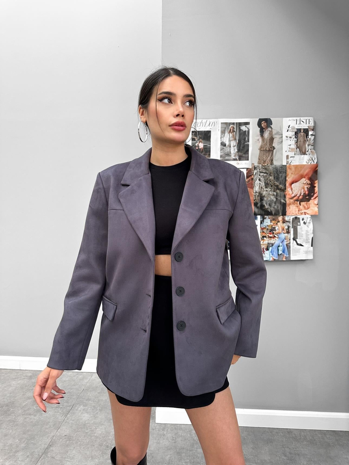 Antrasit Oversize Süet Blazer Ceket