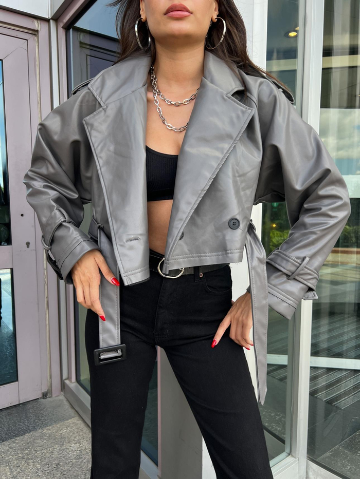 Antrasit Short Belted Deri Ceket