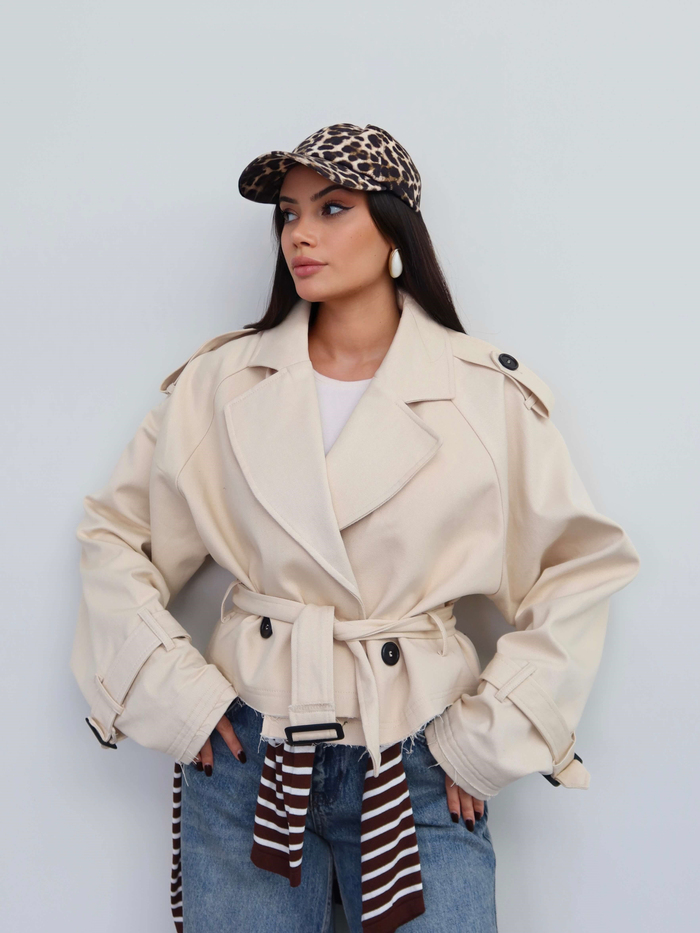Apoletli Kısa Gabardin Trench E.H Collection