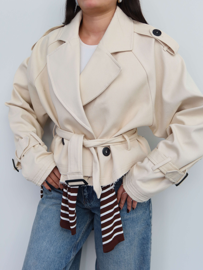 Apoletli Kısa Gabardin Trench E.H Collection
