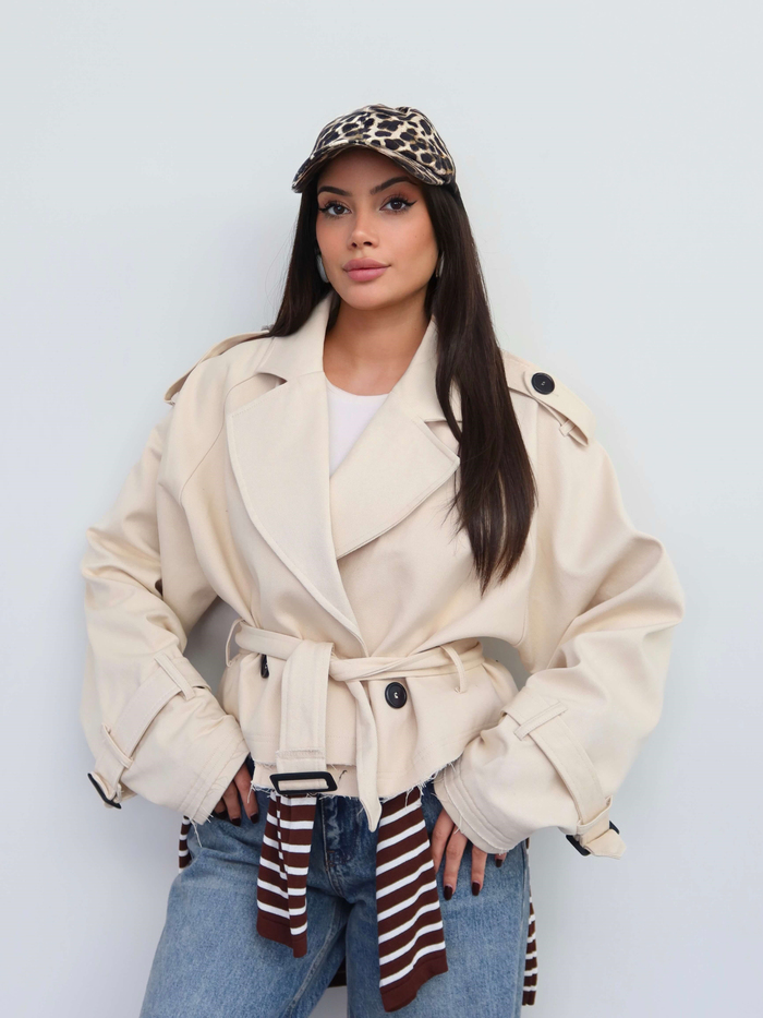 Apoletli Kısa Gabardin Trench E.H Collection