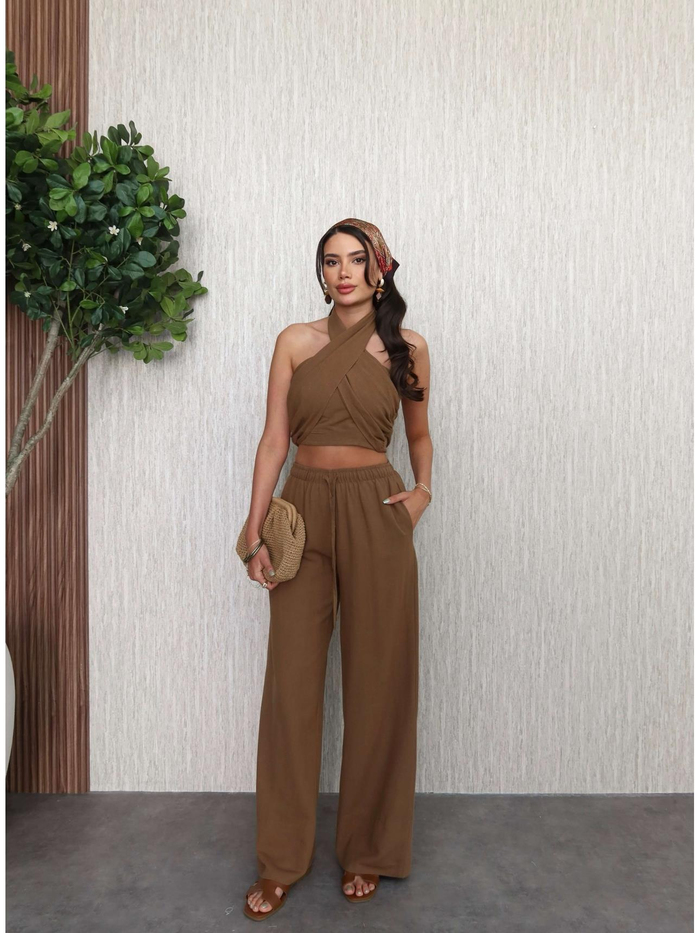 Arkadan Bağlamalı Büzgülü Crop Takım