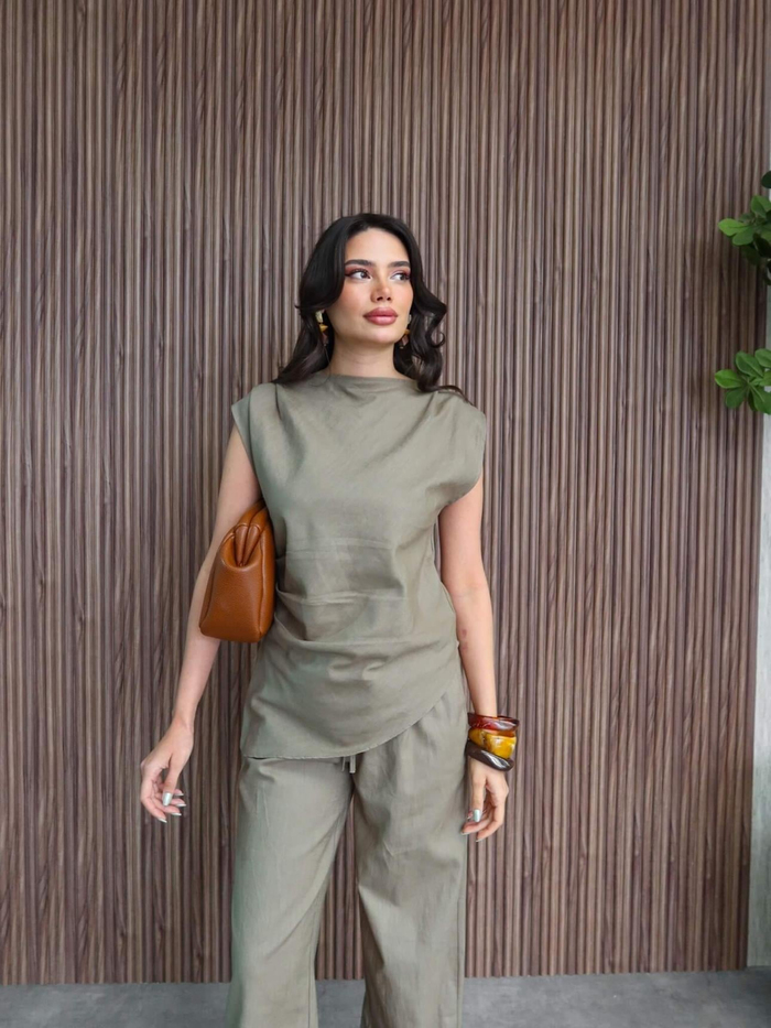 Asimetrik Bluz Keten Pantolon Takım