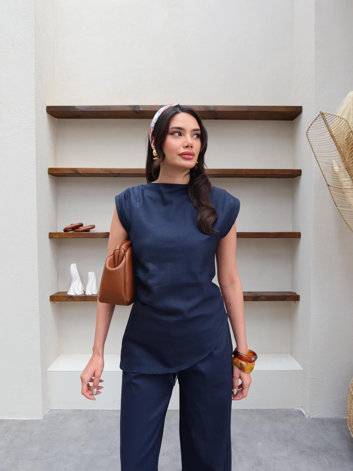 Asimetrik Bluz Keten Pantolon Takım