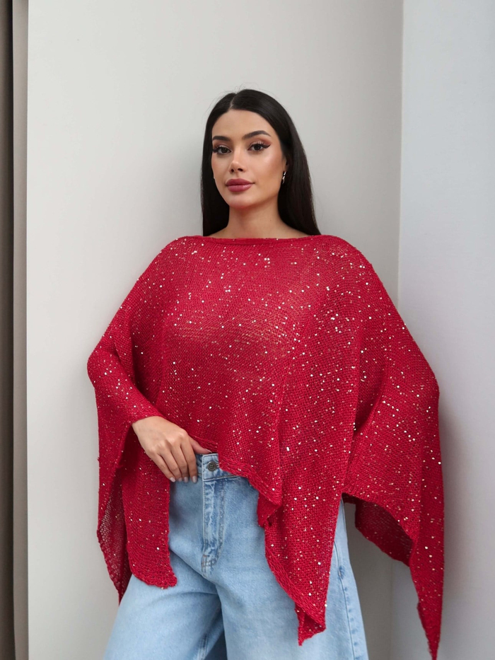 Asimetrik Kesim Işıltılı Panço Bluz