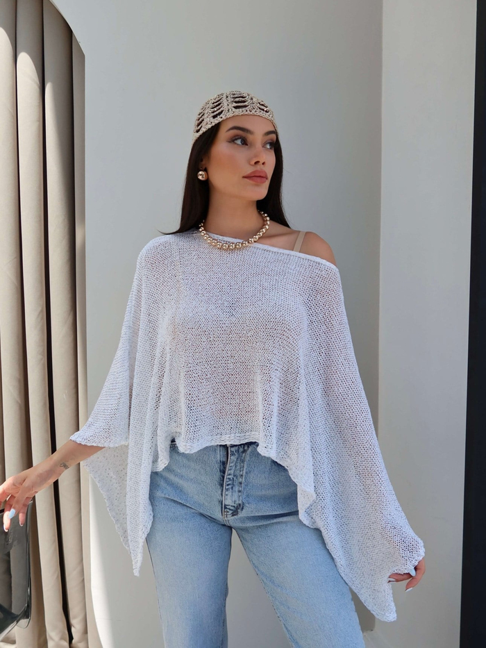 Asimetrik Kesim Işıltılı Panço Bluz
