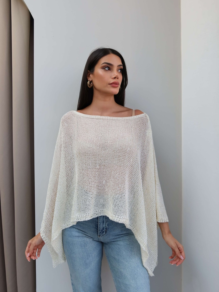 Asimetrik Kesim Işıltılı Panço Bluz