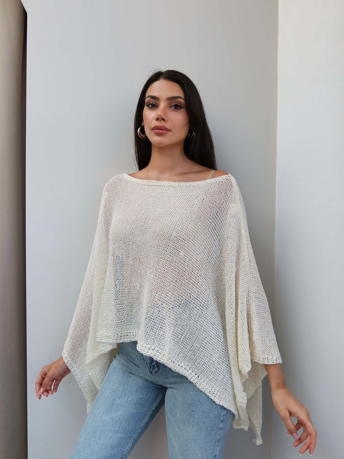 Asimetrik Kesim Işıltılı Panço Bluz