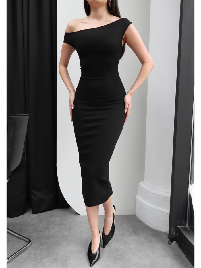 Asimetrik Yaka Drapeli Midi Elbise