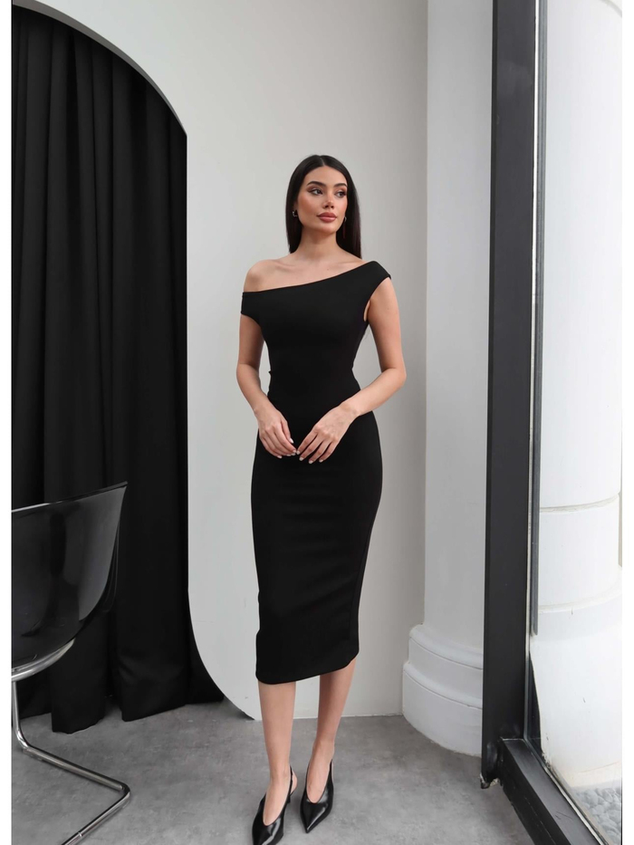 Asimetrik Yaka Drapeli Midi Elbise